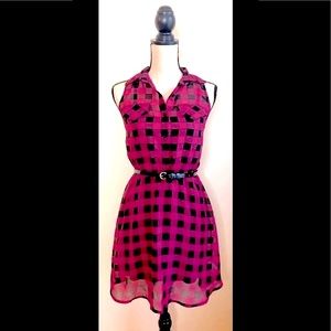 Black & Hot Pink Checkered Dress: Sleeveless, Fit & Flare, Belted Waist, Sz. XS